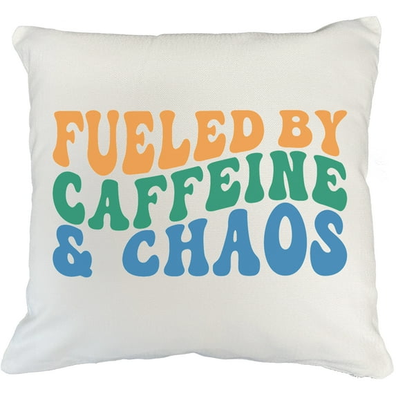 Funny Fueled by Caffeine & Chaos Quote, Groovy Retro Wavy Text Merch Gift, White Pillow Case 20X20 IN