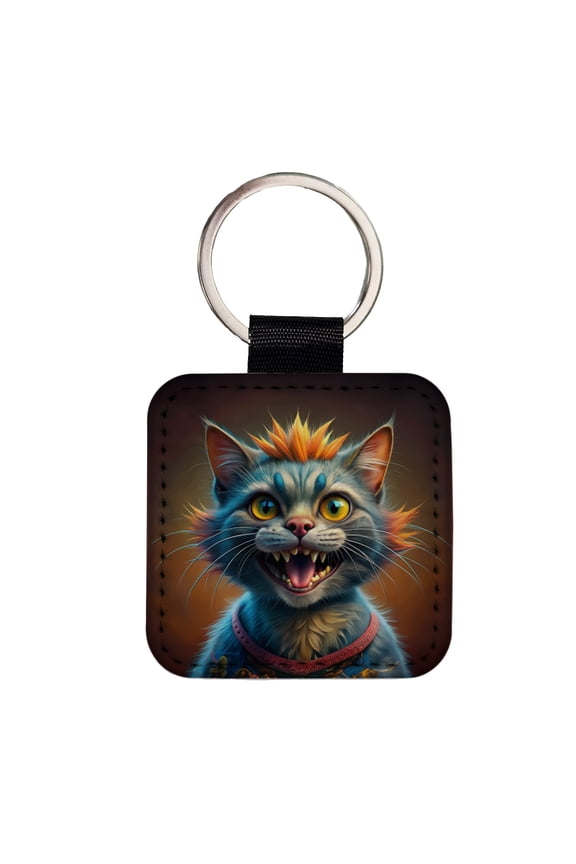 Funny Funky Crazy Cat Faux Leather Square Keychain