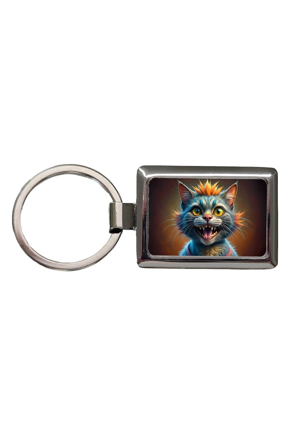 Funny Funky Crazy Cat Metal Rectangle Keychain