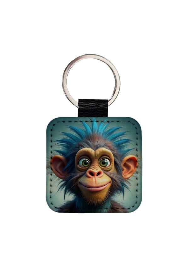 Funny Funky Crazy Monkey Faux Leather Square Keychain
