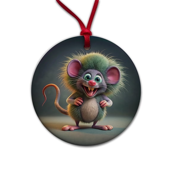 Funny Funky Crazy Mouse Christmas Tree Holiday Round Ceramic Ornament