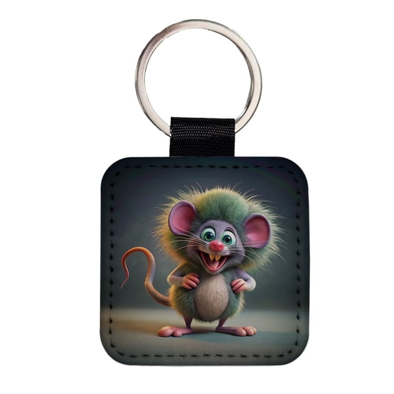 Funny Funky Crazy Mouse Faux Leather Square Keychain
