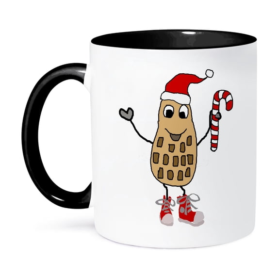 3dRose, Funny Funky Peanut in Santa Claus Hat Christmas Cartoon, 15oz Two-Tone Black Mug
