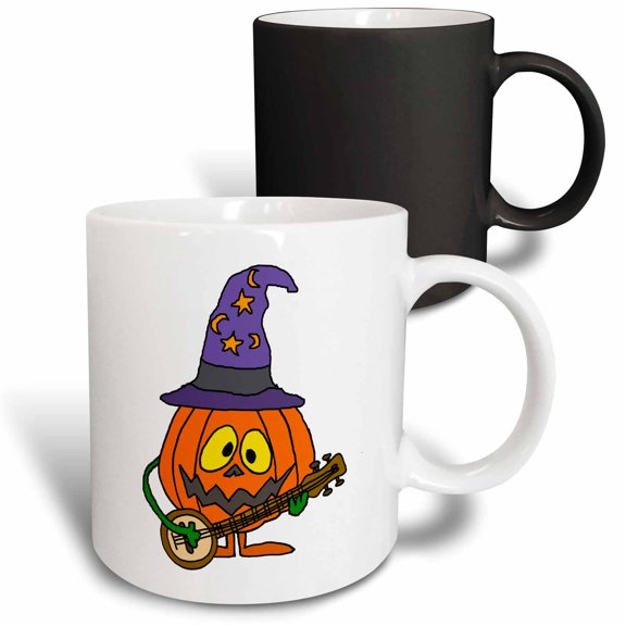 3drose, Funny Funky Pumpkin Man Playing Banjo Cartoon, 11oz Magic Transforming Mug
