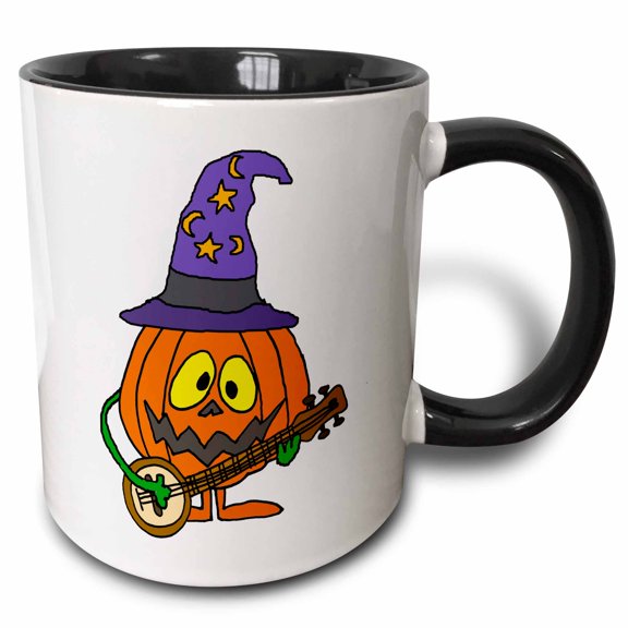 3drose, Funny Funky Pumpkin Man Playing Banjo Cartoon, 11oz Two-tone Black Mug