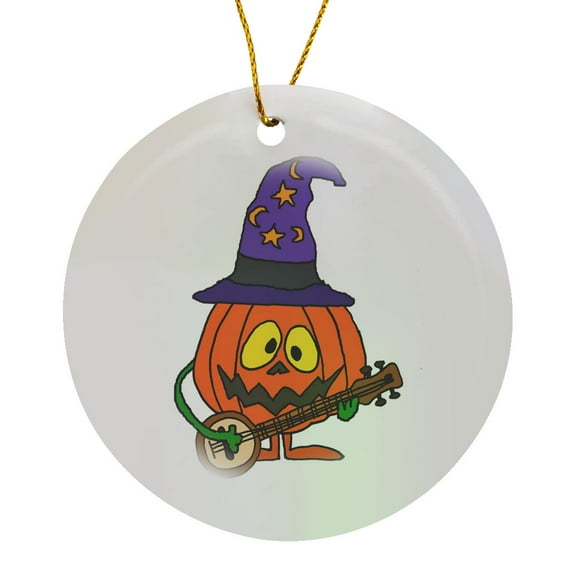 3drose, Funny Funky Pumpkin Man Playing Banjo Cartoon, Circle Porcelain Ornament