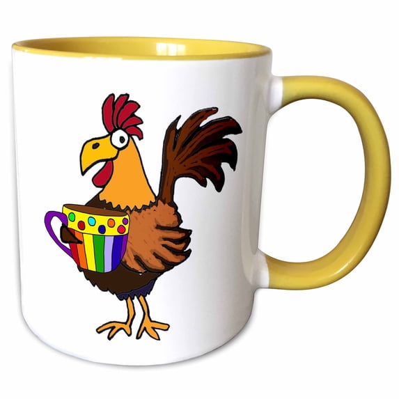 3drose, Funny Funky Rooster Drinking Cup of Coffee Pop Art, 15oz Two-tone Yellow Mug