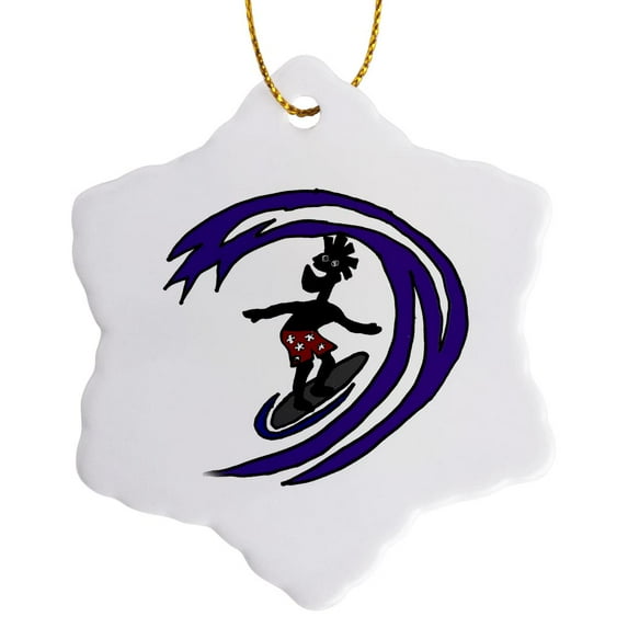3drose, Funny Funky Surfer Dude Riding the Waves in Red Swimsuit, 3 inch Snowflake Porcelain Ornament