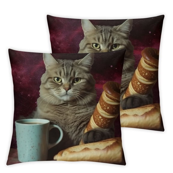 Funny Galaxy Cat Decorative Throw Pillow Case The Cat is Holding a Cup of Black Coffee and a Baguette Decoration Cushion Cover Home Decor for Sofa Couch