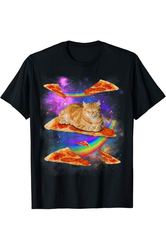 Funny Galaxy Cat In Space Cat Riding Pizza T-Shirt