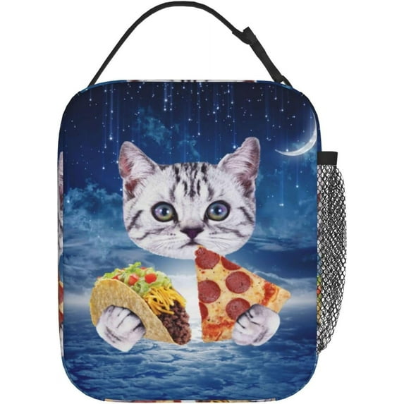 Funny Galaxy Cat Sky Pizza Taco Insulated Lunch Bag Portable Reusable Zipper Lunch Box For Men Women Work Picnic Travel Camping