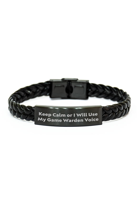 Funny Game Warden Gifts - 'Keep Calm' Interlaced Leather Bracelet for Men, Unique Mother's Day Unique Gifts from Friends, Coworkers, Family