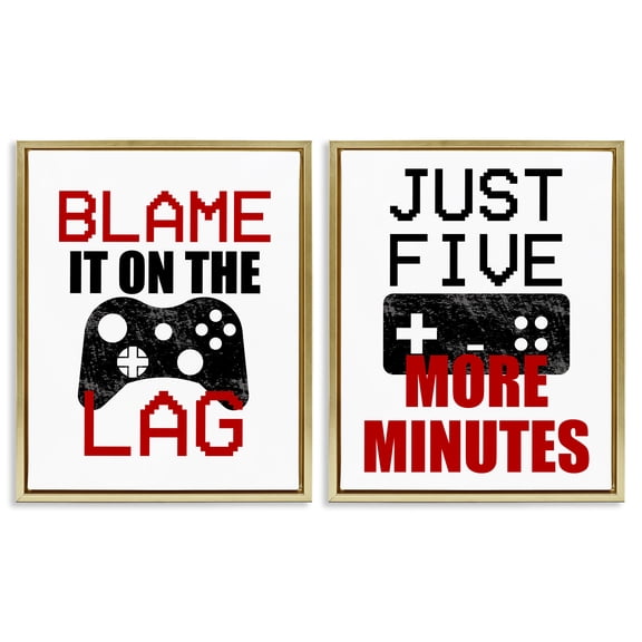 Stupell Industries Funny Gamer Phrases 2 Piece Gold Framed Floater Canvas Set, design by Kim Allen