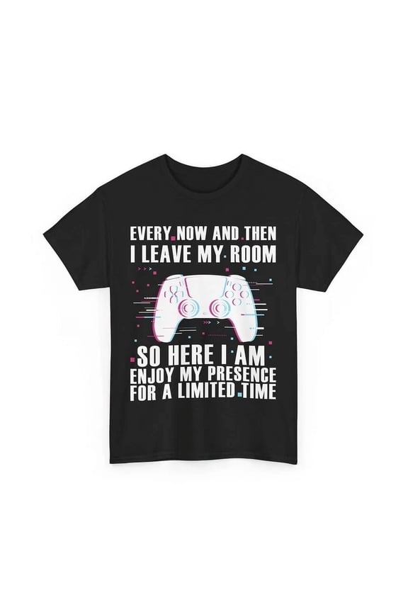 Funny Gamer T-Shirt Every Now And Then I Leave My Room Sarcastic Gaming Controller Graphic Tee Retro Glitch Style Apparel for Men Women Unisex Adult