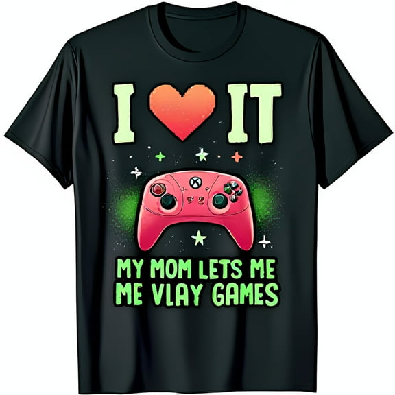 Funny Gamer T-Shirt Pink Controller & Heart Design with My Mom Lets Me Play Games Black Tee for Gaming Enthusiasts