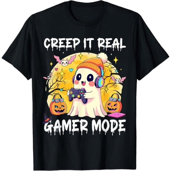 Funny - Gaming Graphic Tee, Tops Has "CREEP IT REAL GAMER MODE" Design and Gamer Ghost, Round Neck Regular Fit T - shirts, Size(S - 5XL)