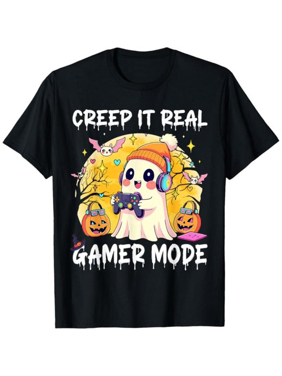 Funny - Gaming Graphic Tee, Tops Has "CREEP IT REAL GAMER MODE" Design and Gamer Ghost, Round Neck Regular Fit T - shirts, Size(S - 5XL)