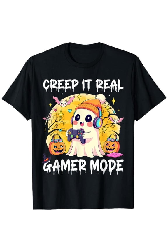 Funny - Gaming Graphic Tee, Tops Has "CREEP IT REAL GAMER MODE" Design and Gamer Ghost, Round Neck Regular Fit T - shirts, Size(S - 5XL)
