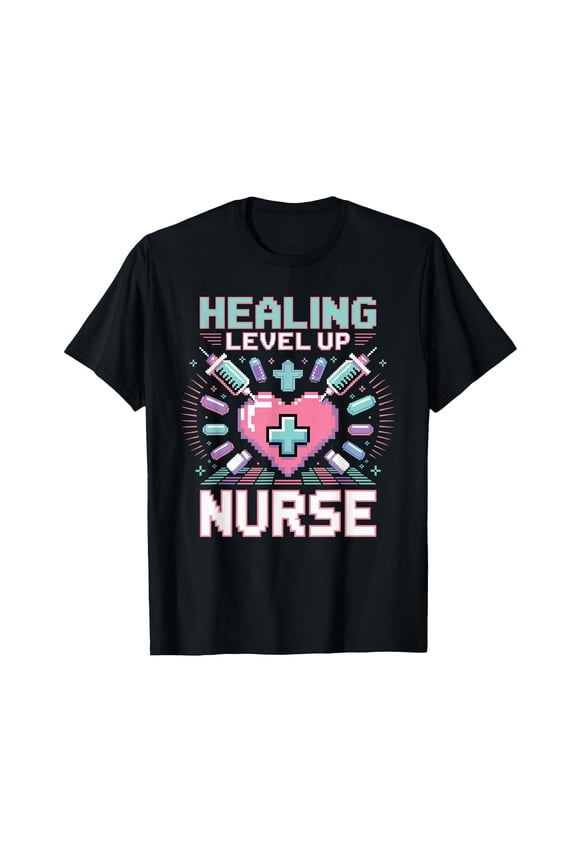 Funny Gaming Nurse Pixel Art Healing RN T-Shirt - Level Up Style