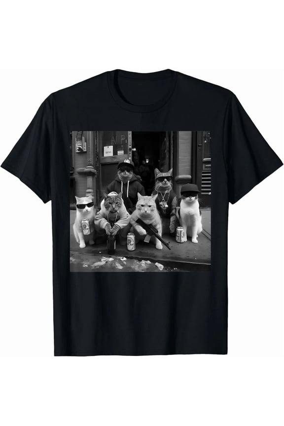 Funny Gangster Cats Street Animal Design Funny Feline Graphic Unisex T-Shirt, up to Size 5XL