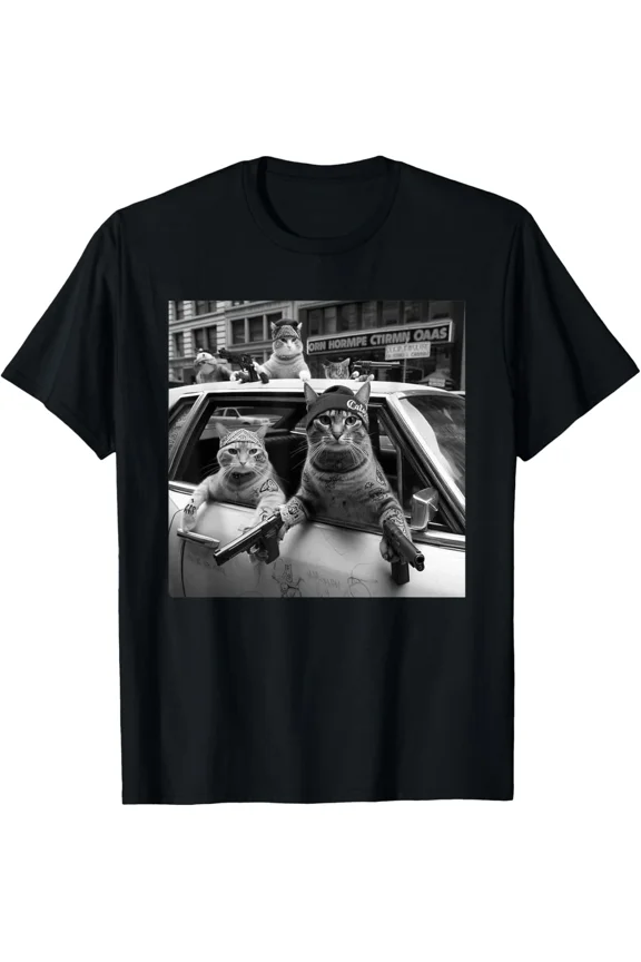 Funny Gangster Cats Street Design Cool Animal Graphic T-Shirt, for Men & Women, up to Size 5XL