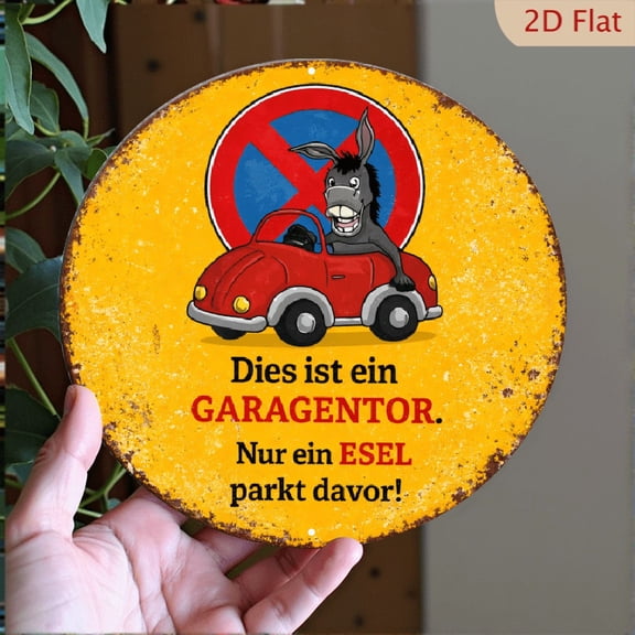 Funny Garage Door Sign, Vintage Metal Circular Wall Decor, No Parking Donkey Warning, 8x8 Inch Aluminum Novelty Plaque