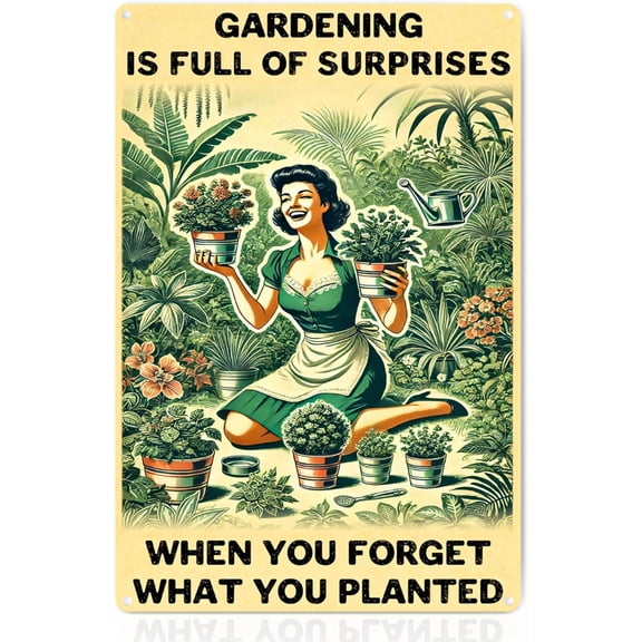 Funny Garden Decor Sign Gardening Gifts for Women, Garden Decor Aluminum Outdoor Sign, Gardening Is Full of Surprises, Yard & Patio Gifts for Plant Lovers & Gardeners 12" x 8"