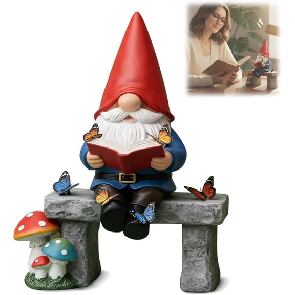 Funny Garden Gnome,Whimsical Reading Time Gnome Figurine With Butterflies Reading Gnome Figurine,Durable Ceramic Statue Decoration for Yard Lawn Garden Decor,Housewarming Gag Gift