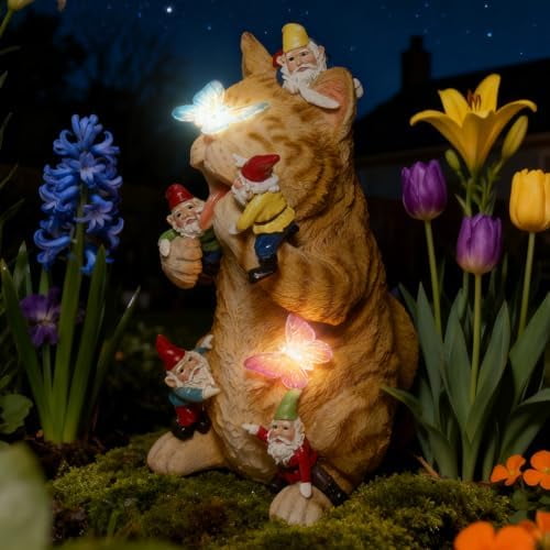 Funny Garden Gnomes Decorations for Yard Statue with Solar Lights Outdoor Cat Sculpture Decor$$Garden & Patio