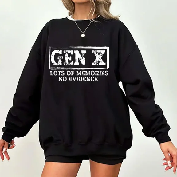 Funny Gen X “Lots of Memories, No Evidence” Sweatshirt – Retro Sarcastic Graphic Pullover for Men & Women, Vintage-Style Crewneck for 80s & 90s Kids