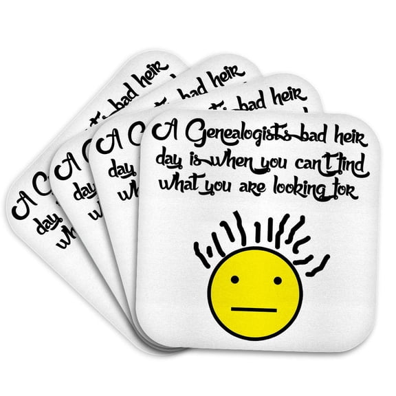3drose, Funny Genealogy Bad Heir Day Bad Hair Pun Smiling Face Cartoon, Set of 4 Coasters - Soft
