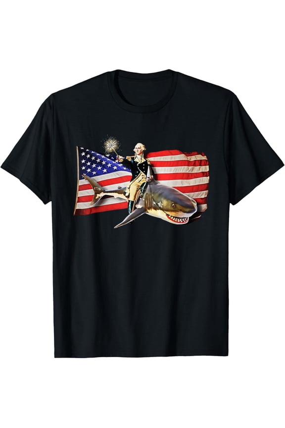 Funny George Washington Riding Shark T-Shirt – 4th of July American Flag Tee