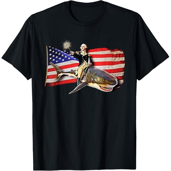 Funny George Washington Riding Shark T-Shirt – 4th of July American Flag Tee