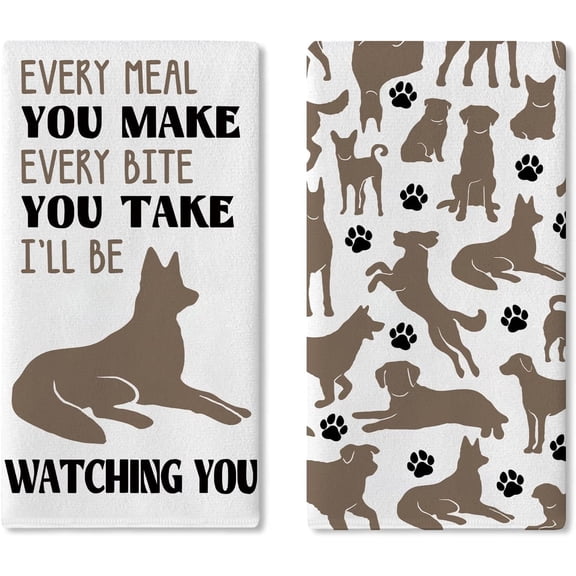 Funny German Shepherd Dog Silhouette Kitchen Dish Towels Set of 2, Paw Print Drying Hand Towel Baking Cooking Cloth, Cafe Pub Restaurant Dinner Room Home Decor Pet Dog Owner Lover Gift 18''x26''