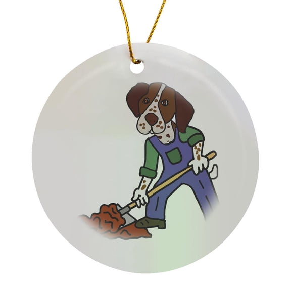 3drose, Funny German Short-haired Pointer Dog Digging with Shovel, Circle Porcelain Ornament