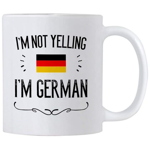Funny German Souvenirs and Gifts. I'm Not Yelling I'm German 11 oz Coffee Mug. Gift Idea for Men and Women From Germany Featuring the German Flag. (White)