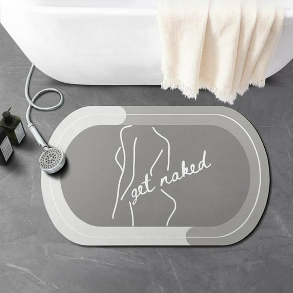 Funny Get Naked Bath Mat 17"x27" Super Water Absorbent Quick Dry Rubber Backed Washable Fun Bathroom Rugs Non Slip Bath Rugs Mats for Shower Oval Grey Bathroom Rug
