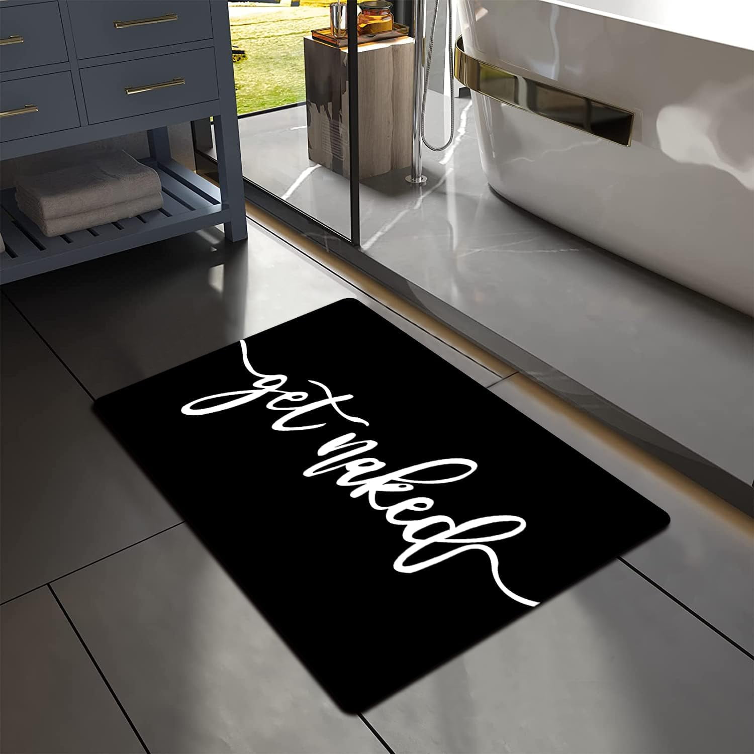 Funny "Get Naked" Bath Mat Modern Black and White Quick Dry Absorbent NonSlip Bathroom Rugs Thin Fit Under Door Ideal for Bathtub, Shower Room, Sink Elevate Your Bathroom with Humor and Style