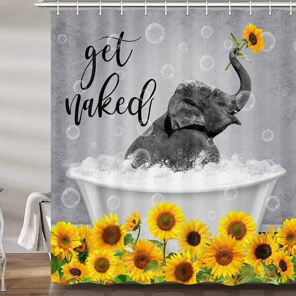 Funny Get Naked Shower Curtain, Fun Elephant Sunflower Grey Fabric Shower Curtains Set For Bathroom, Unique Gray Funky Restroom Decor Accessories With Hooks 72X 72 Inch