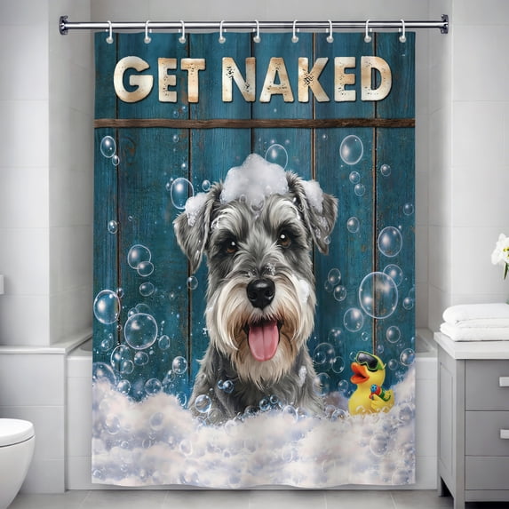 Funny Get Naked Shower Curtain, Schnauzer Dog Bubble Bath, Rubber Duck & Rustic Wood, Waterproof Fabric with 12 Hooks, Machine Washable, Cute Decor for Home or RV - 60"x72"