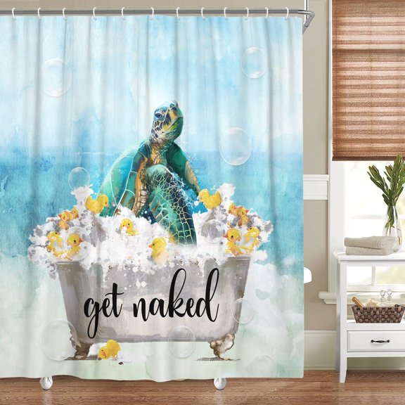 Funny Get Naked Shower Curtain Sea Turtle and Yellow Duck in Bubble Bathtub Shower Curtain for Bathroom, Fabric Watercolor Navy Blue Bathtub Curtains Nautical Beach Theme Modern Art(70X70)