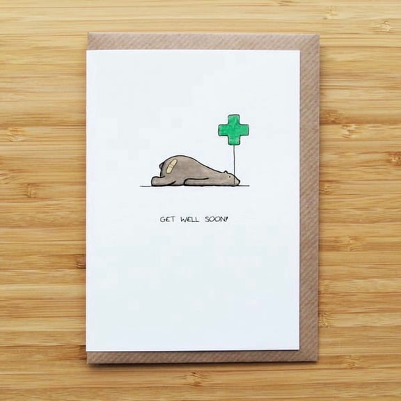 Funny Get Well Soon Card with Bear and Medical Cross Artwork, Encouraging Message for Recovery