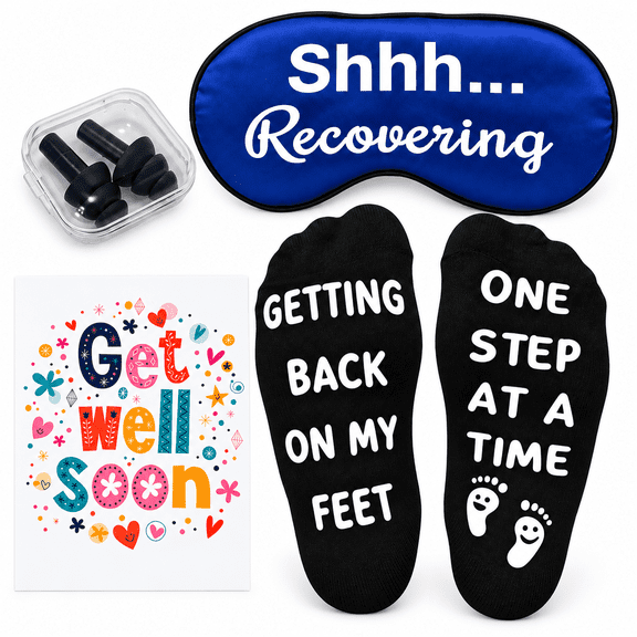 Funny Get Well Soon Gift for Men and Women, Recovering Sleeping Mask and Cozy Socks for Patients. Chemo Care Package After Surgery, Thinking of You Post Surgery, Healing Gift Set.