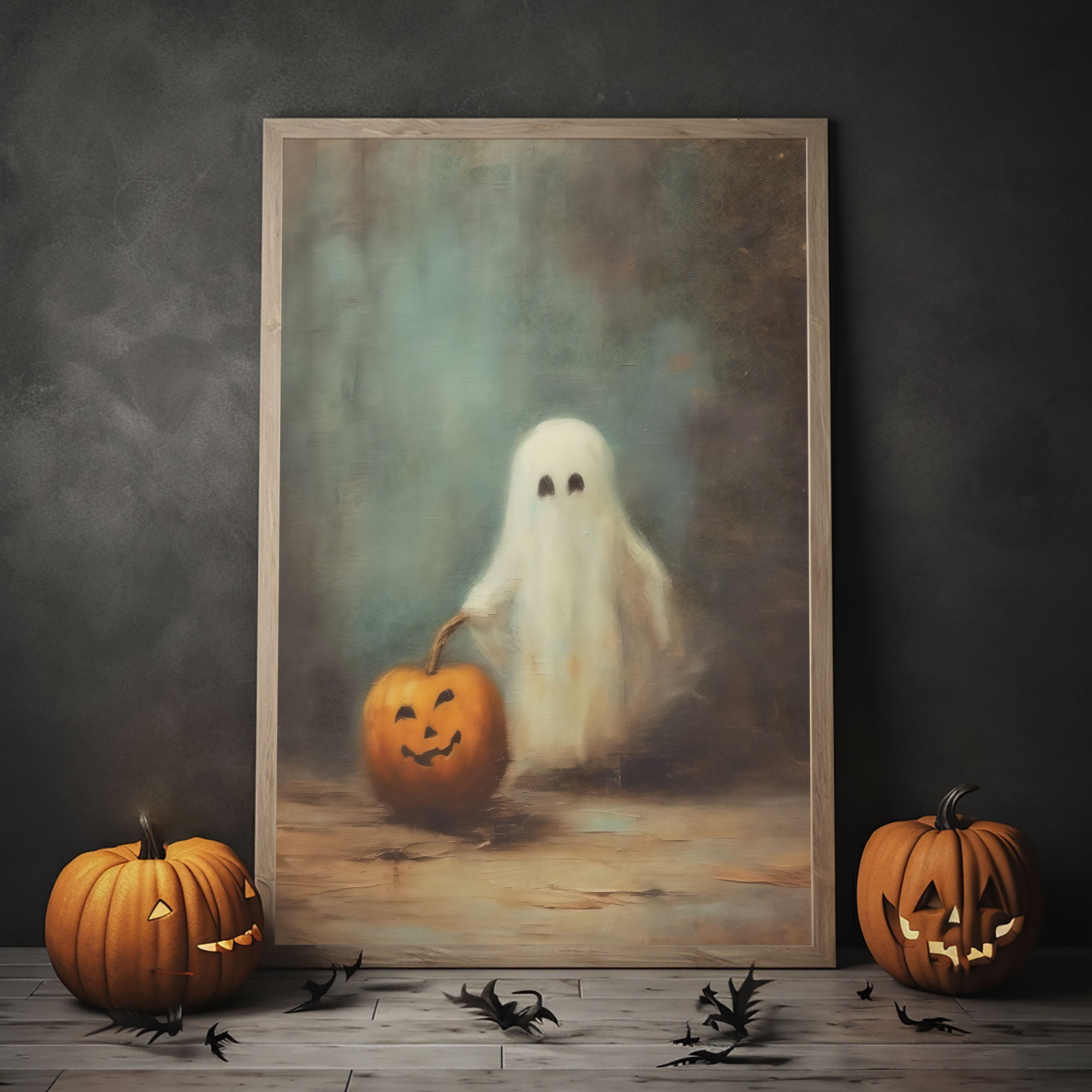 Funny Ghost By The Smile Pumpkin Print Poster, Ghosts Art Print ...