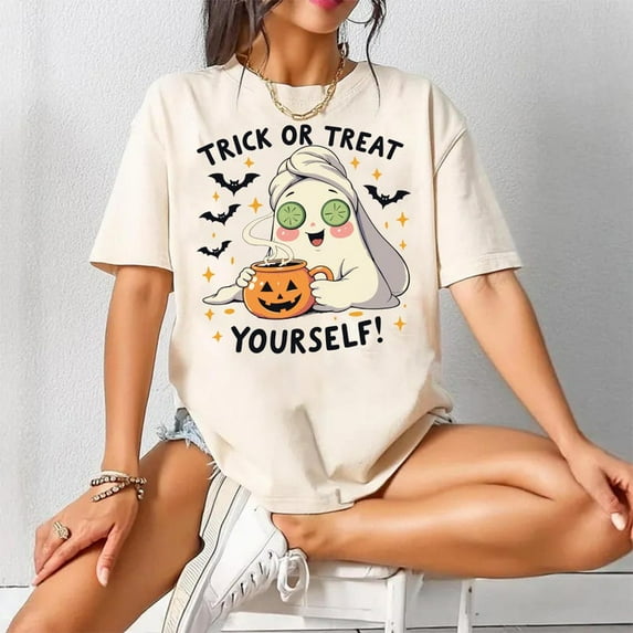 Funny Ghost Halloween Shirt, Cozy Spooky Self Care Tee, Trick or Treat yourself outfit pumpkin season shirt spa day shirt ghost halloween