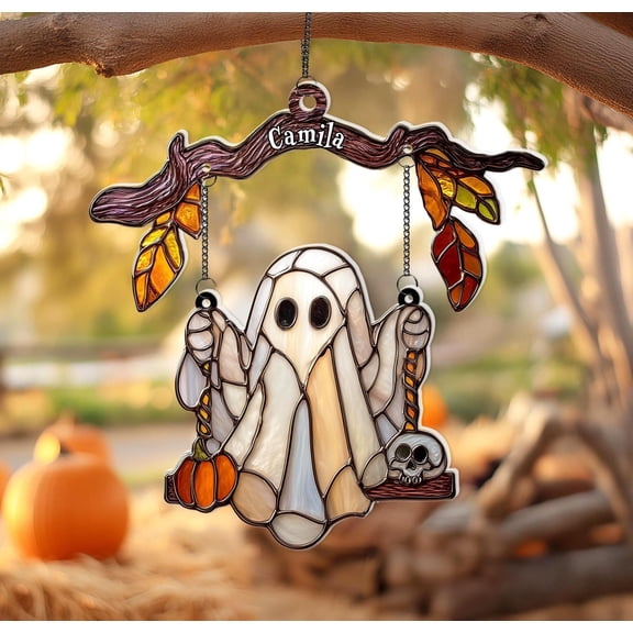 Funny Ghost On Swing Suncatcher, Halloween Ghost Suncatcher, Spooky Decor, Gothic Home Decor, Halloween Window Hanging, Fall Window Decor 4346694161