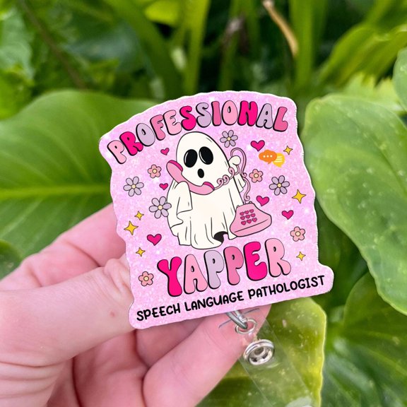 Funny Ghost SLP Badge Reel: Professional Yapper Speech Language Pathologist ID Holder