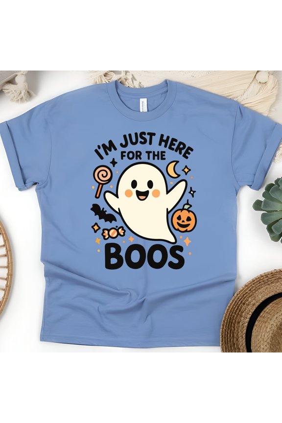 Funny Ghost Shirt | I’m Just Here for the Boos Graphic Tee | Unisex T-Shirt, CarolinaBlue, Size XL