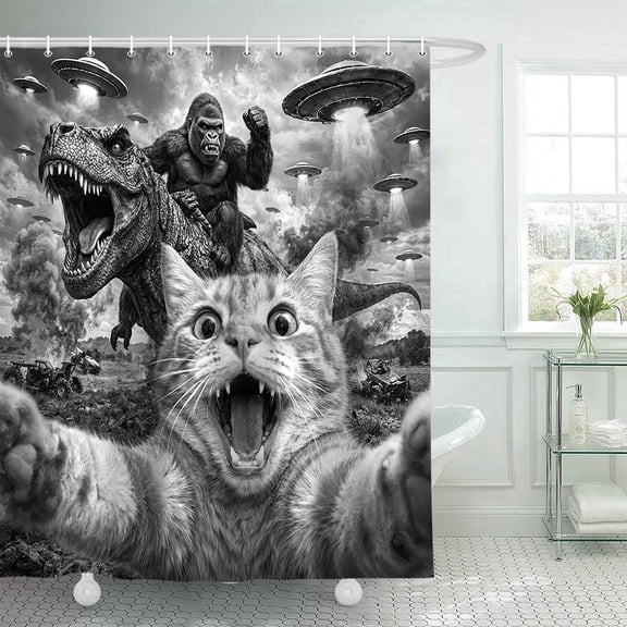 Funny Giant Cat Dinosaur Shower Curtain - Hilarious Selfie Cat UFO Bathroom Curtain Waterproof Fabric Set with 12 Hooks,72X72in