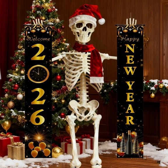 Funny Giant Skeleton Christmas Outfit,12ft Skeleton Christmas Accessories Costume Including Giant Santa Hat,2026 Happy New Year Banners,Scarf for Garden Lawn Indoor Outdoor Decor